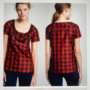 J. Crew Scoop Neck Plaid Beaded Necklace Blouse